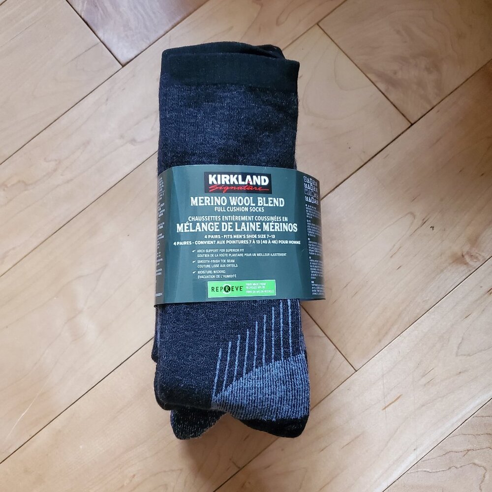 4 Pairs Kirkland Men's Merino Wool Blend Full Cushion Socks Size 7-13